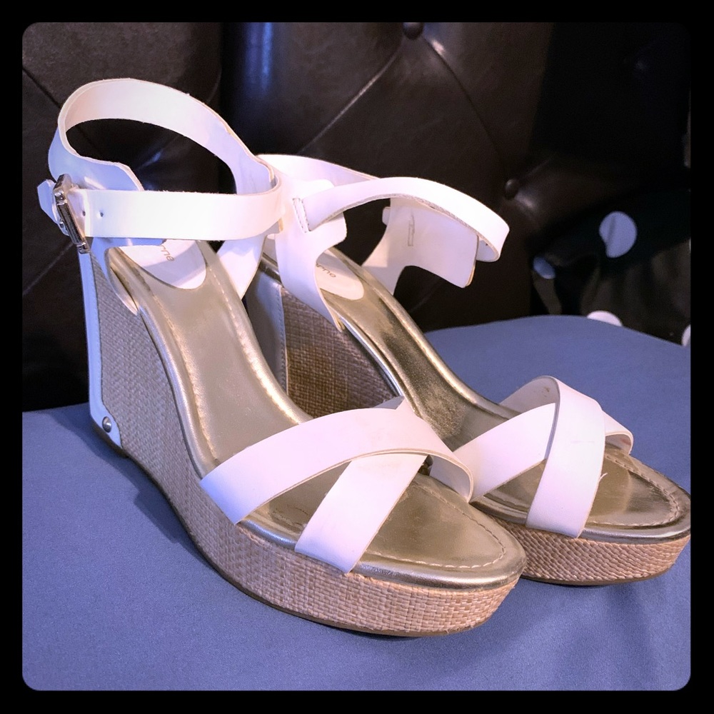 White Women's Wedge Sandals with Ankle Strap